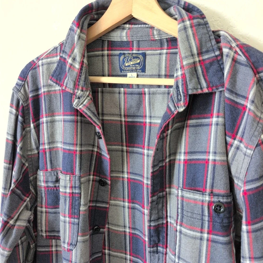 J. Crew New York Sporting Life Plaid Flannel Button Down Shirt Grey Navy L Field